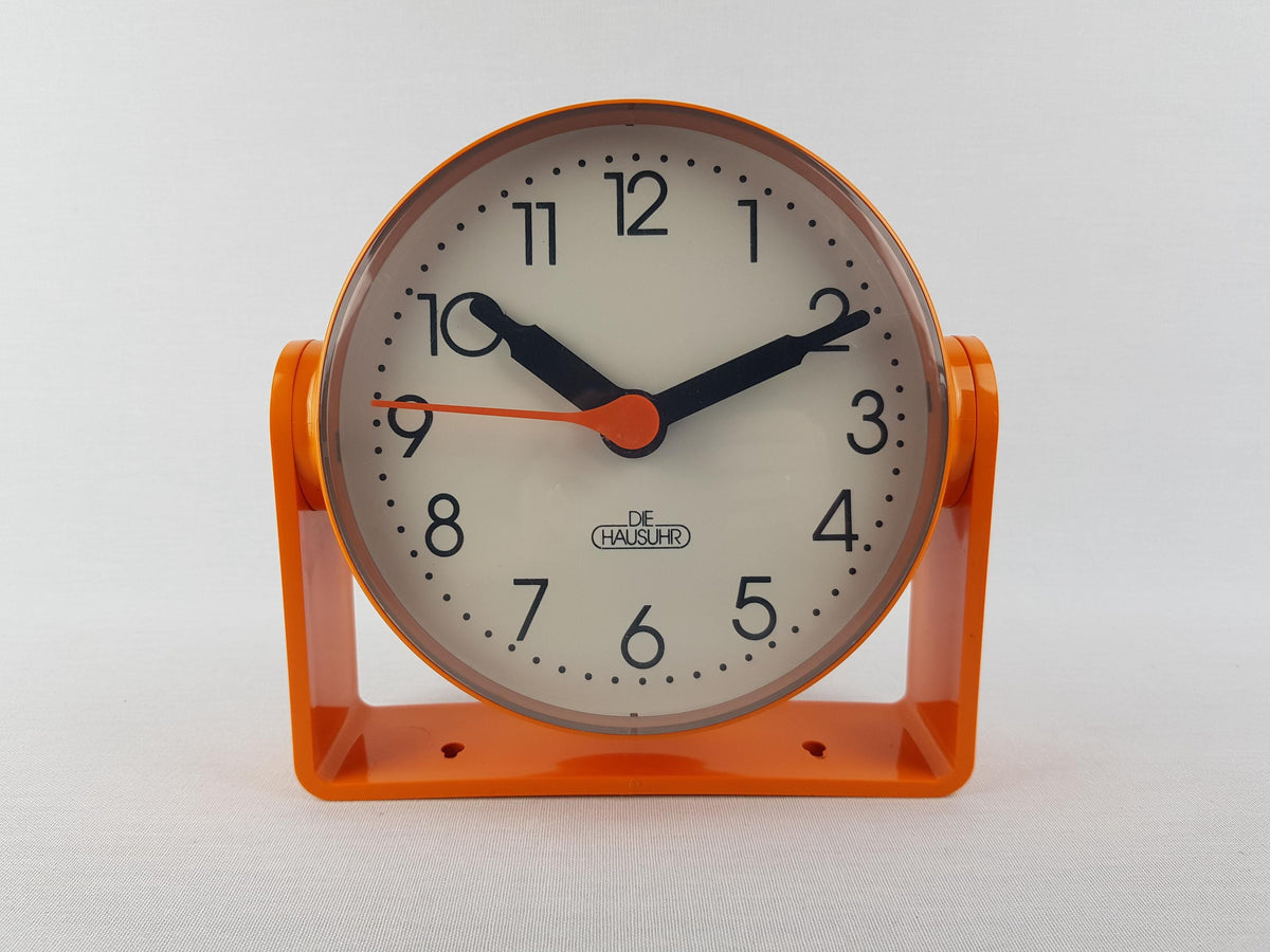 Vintage DIE HAUSUHR Orange Table Clock Adjustable Stand Desk Clock Space Age German Design 1970s