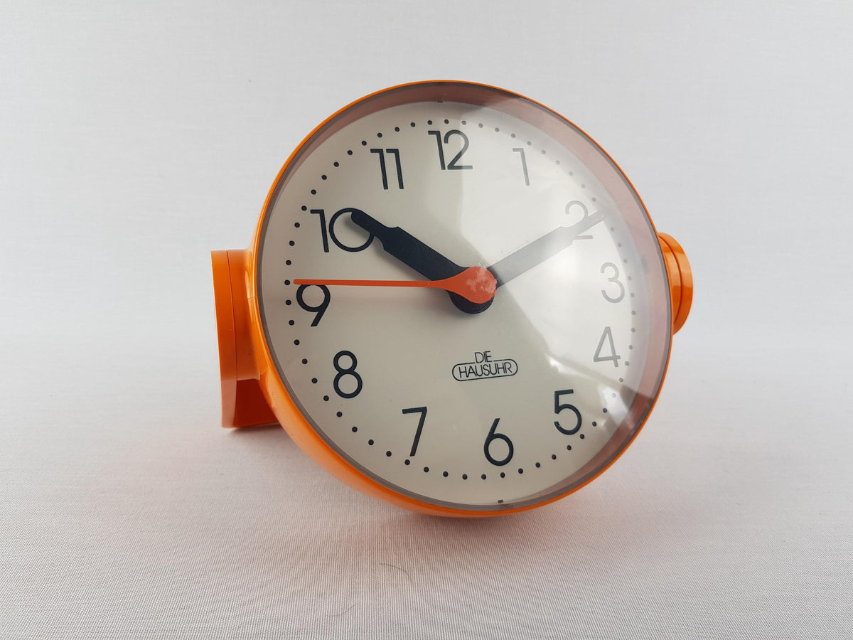Vintage DIE HAUSUHR Orange Table Clock Adjustable Stand Desk Clock Space Age German Design 1970s