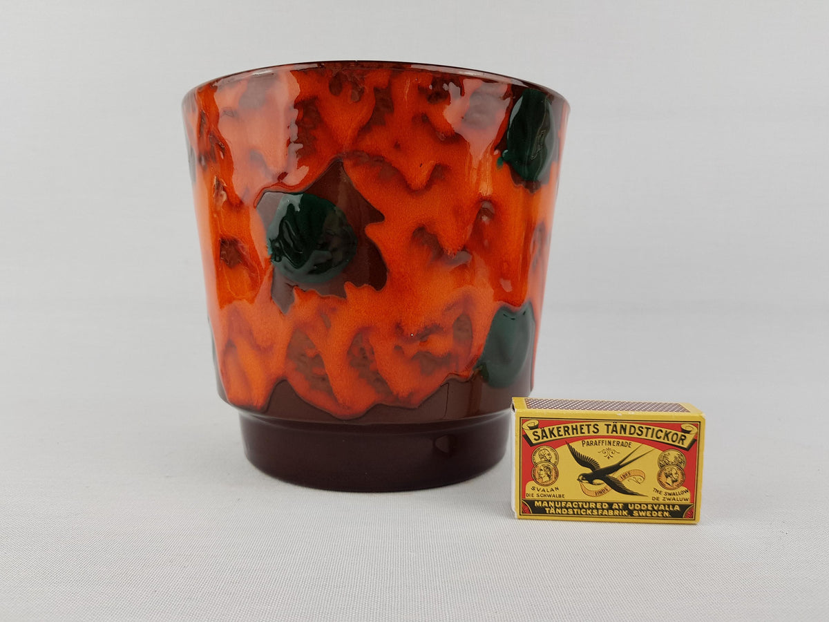 Vintage West German Pottery Orange and Green Planter Flower Cache Pot 1960-70s