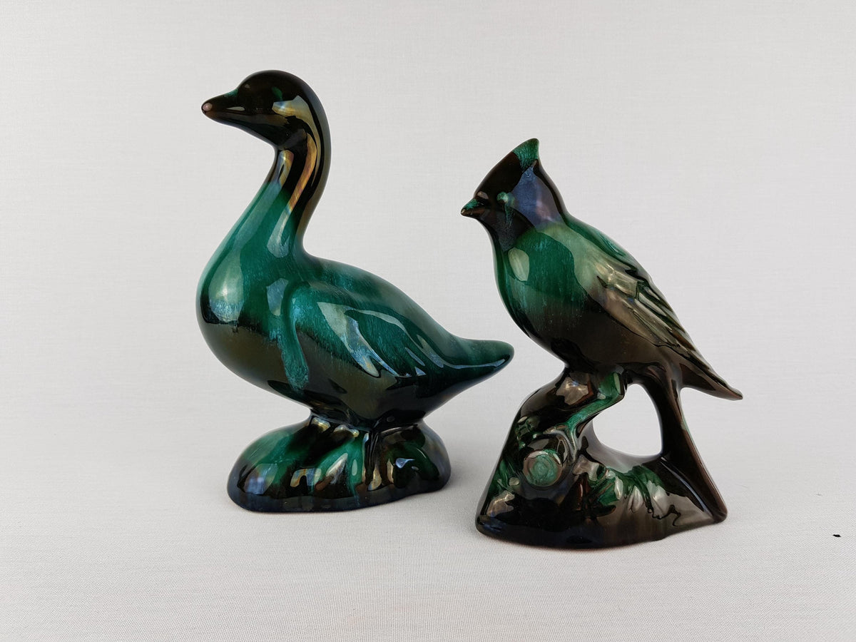 Starter Set Vintage BLUE MOUNTAIN POTTERY Green and Black Goose and Bird Figurine Canada 1960s