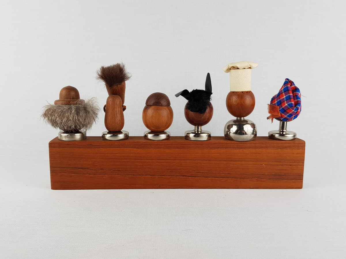Set Of 6 Vintage TEAK BOLLING BOJESEN Cork Wine Bottle Stoppers Various People Decor Danish 1960s