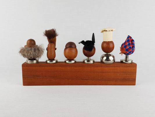 Set Of 6 Vintage TEAK BOLLING BOJESEN Cork Wine Bottle Stoppers Various People Decor Danish 1960s