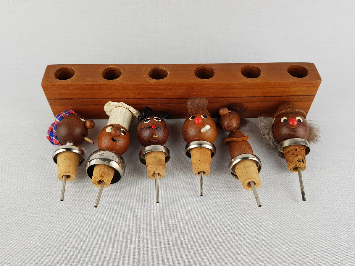 Set Of 6 Vintage TEAK BOLLING BOJESEN Cork Wine Bottle Stoppers Various People Decor Danish 1960s