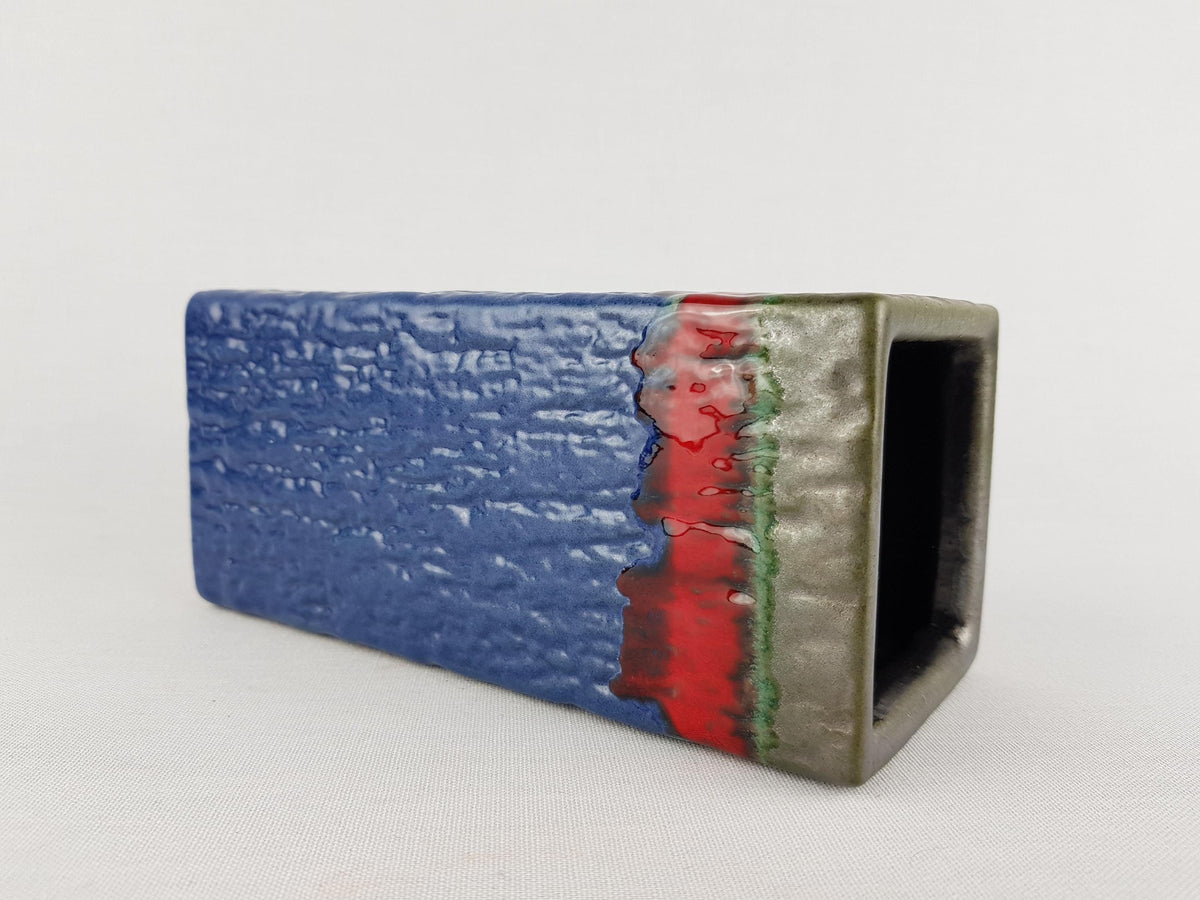 Vintage VAN DAALEN KERAMIK Blue with Green and Red Square Vase West German Pottery 1960s/1970s