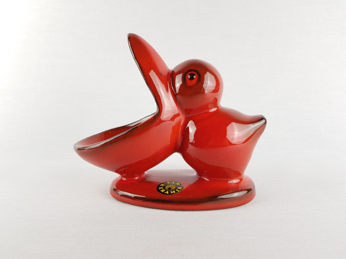 Vintage PAN KERAMIK Glossy Red Pelican Snack Peanut Bowl West German Pottery 1970s