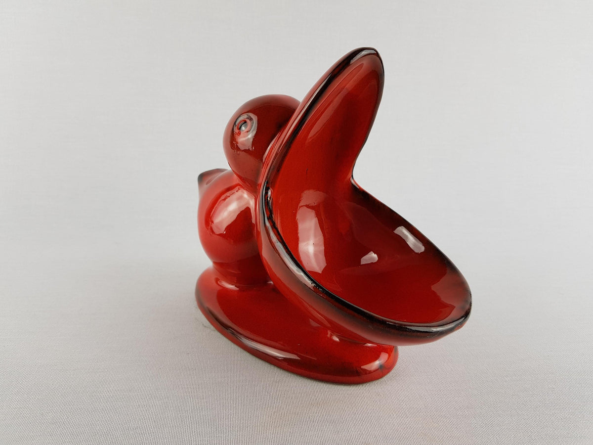 Vintage PAN KERAMIK Glossy Red Pelican Snack Peanut Bowl West German Pottery 1970s