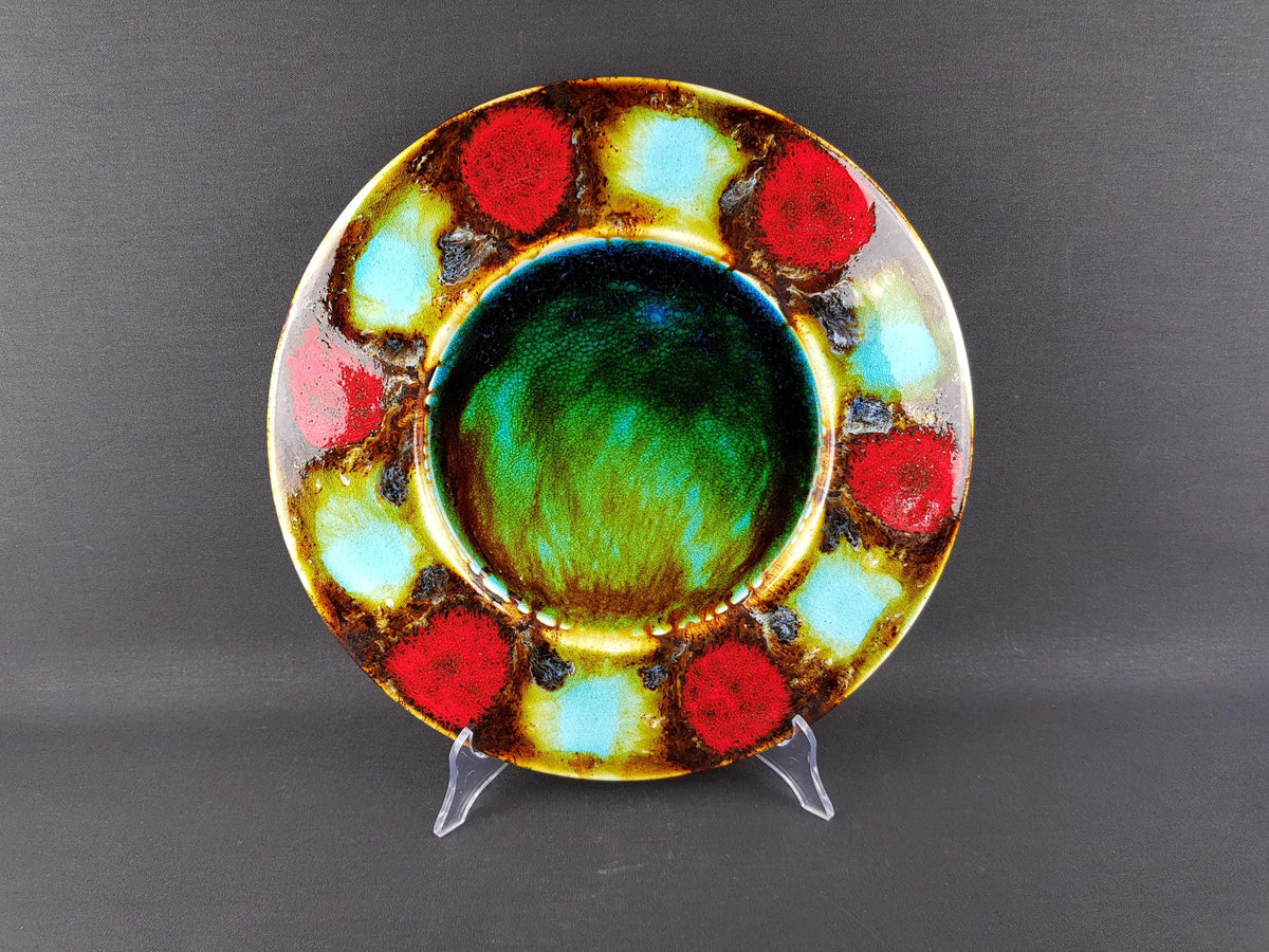 Vintage GRUNSTADT Red and Turquoise Wall Plaque West German Pottery by Reiner Gehrig 1970s