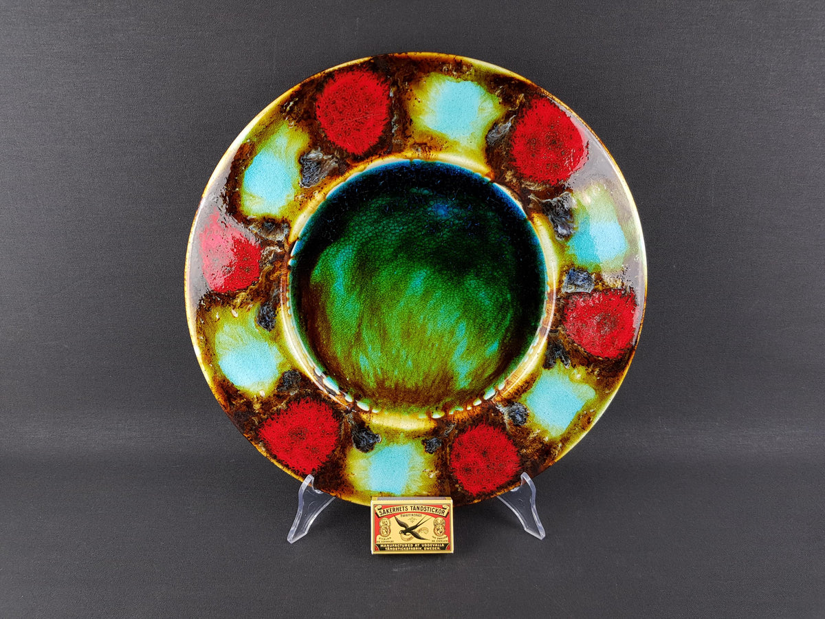 Vintage GRUNSTADT Red and Turquoise Wall Plaque West German Pottery by Reiner Gehrig 1970s