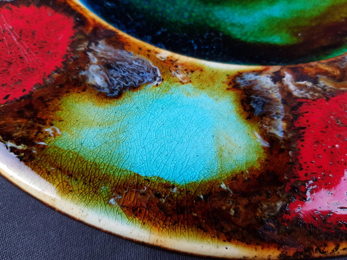 Vintage GRUNSTADT Red and Turquoise Wall Plaque West German Pottery by Reiner Gehrig 1970s