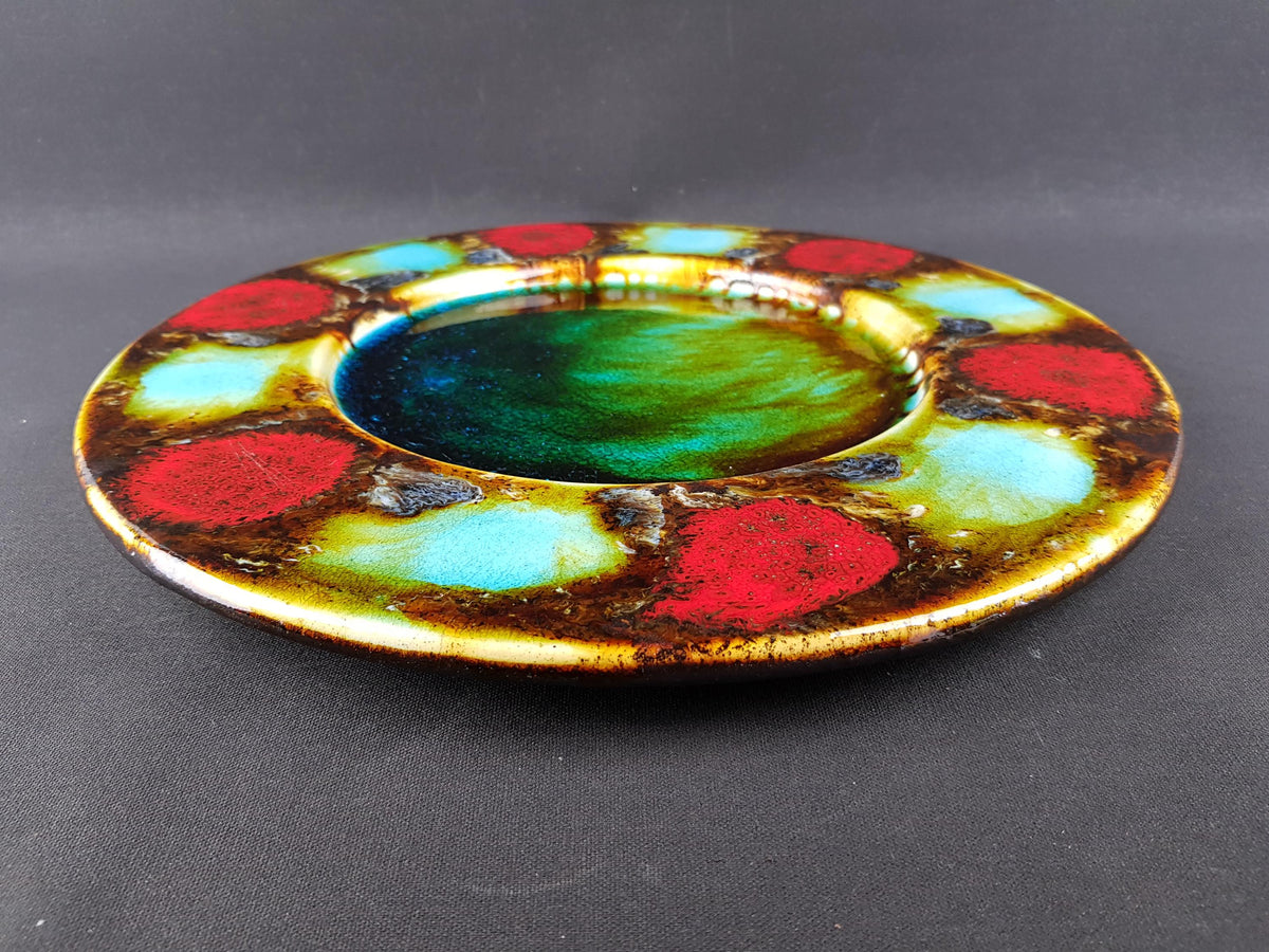 Vintage GRUNSTADT Red and Turquoise Wall Plaque West German Pottery by Reiner Gehrig 1970s