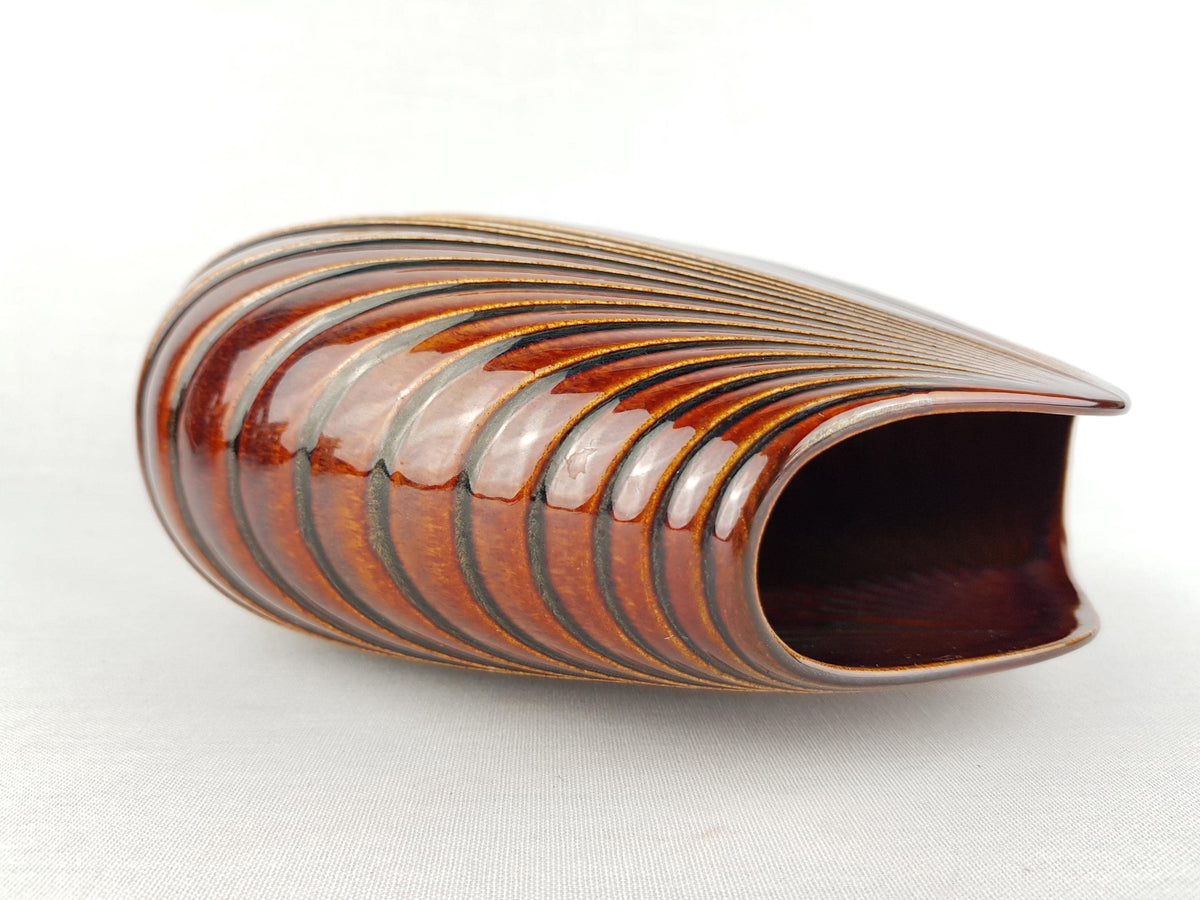 Vintage ROSENTHAL PORZELLAN Studio-Line Brown Porcelain Op Art Shell Vase by Max Fussl Germany 1970-80s