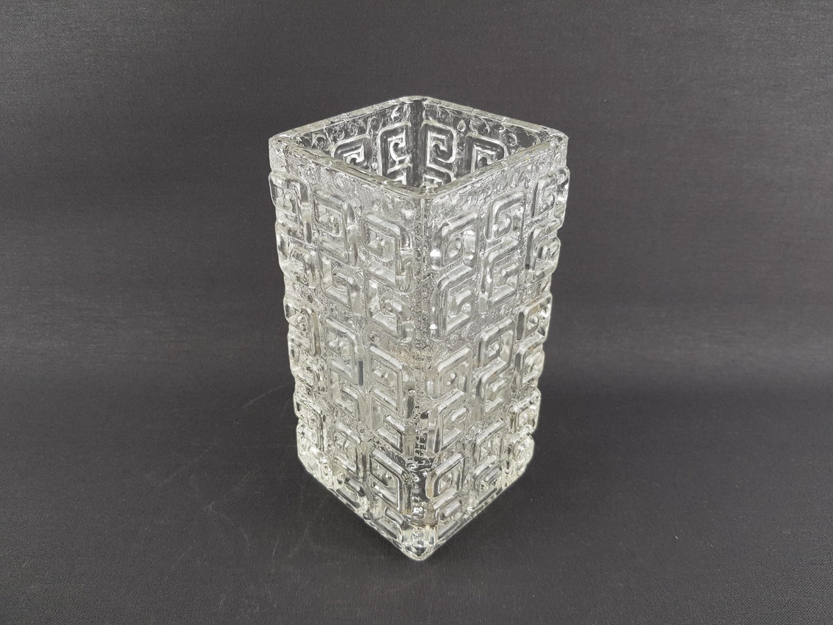 Vintage RIIHIMAEN LASI Clear Glass with Geometric Pattern Vase by Tamara Aladin 1960s