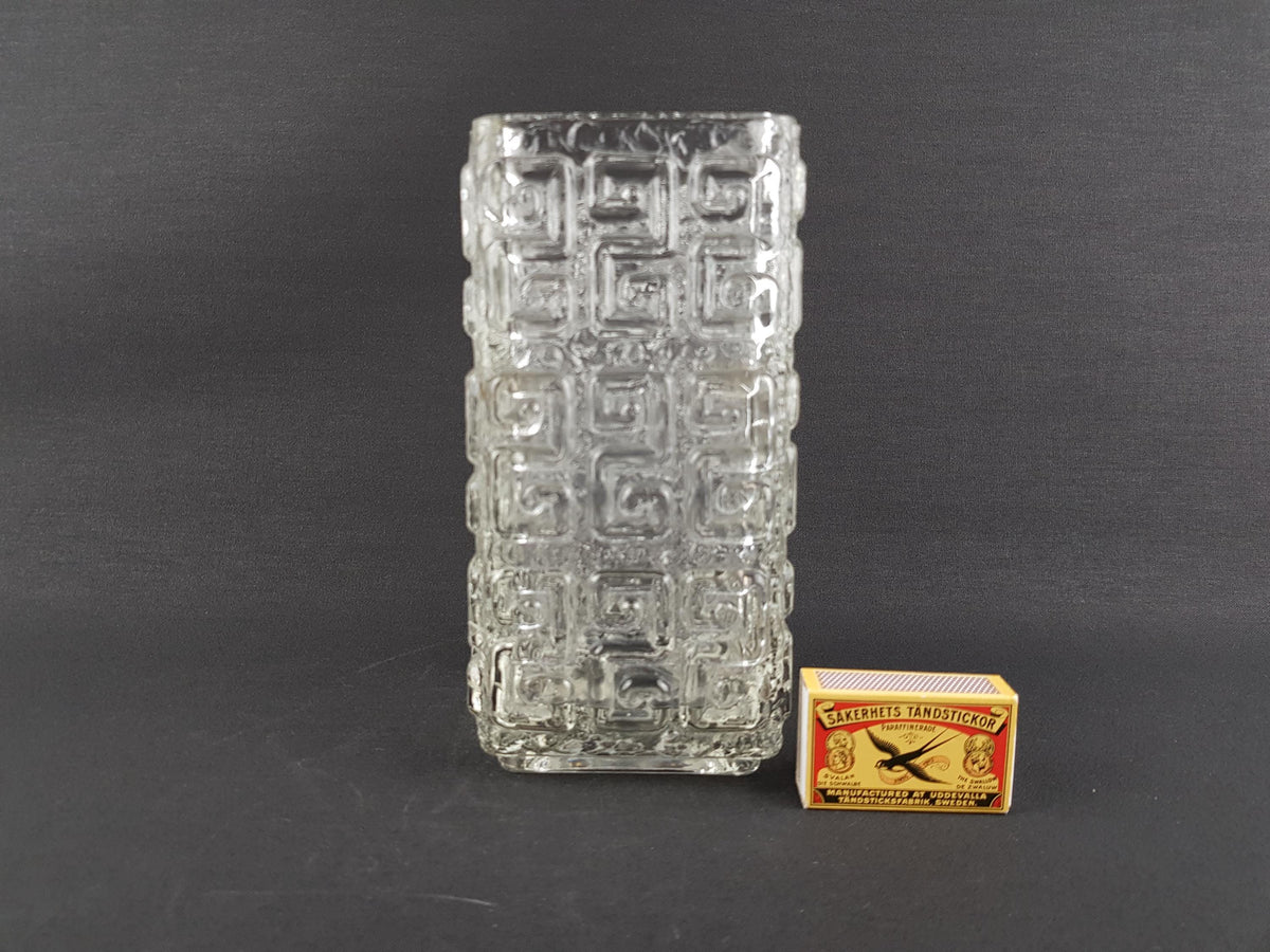 Vintage RIIHIMAEN LASI Clear Glass with Geometric Pattern Vase by Tamara Aladin 1960s