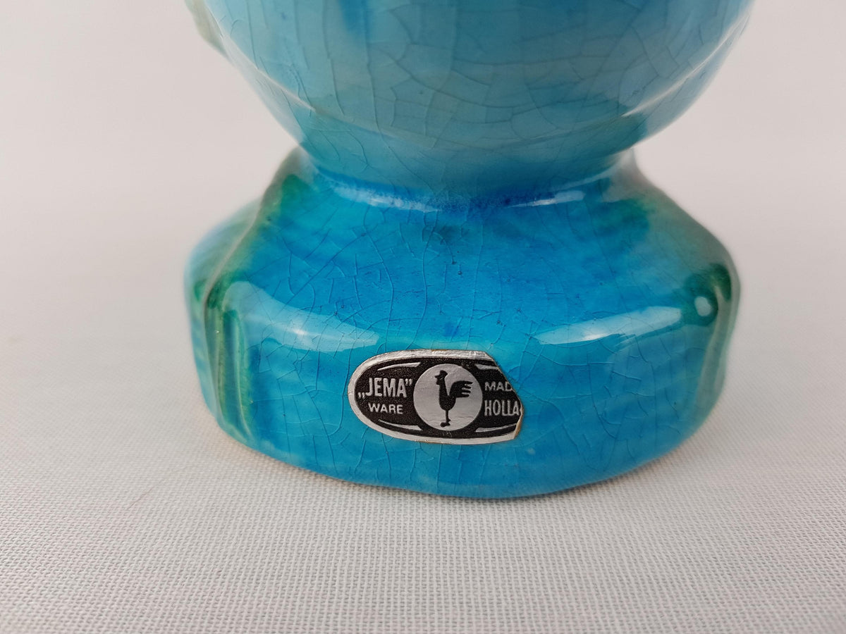 Vintage JEMA HOLLAND Blue and Green Bird Figurine with Craquele Glaze Dutch Holland Pottery 1960s 1970s