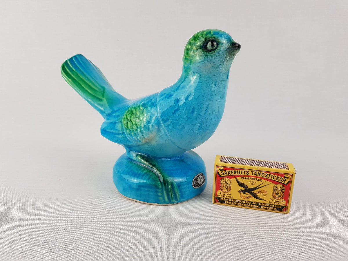 Vintage JEMA HOLLAND Blue and Green Bird Figurine with Craquele Glaze Dutch Holland Pottery 1960s 1970s