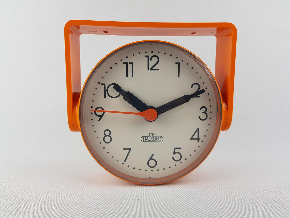 Vintage DIE HAUSUHR Orange Table Clock Adjustable Stand Desk Clock Space Age German Design 1970s