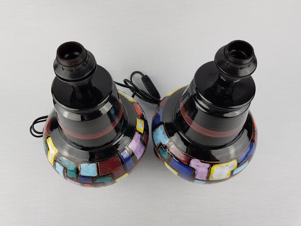 Set of 2 Vintage BITOSSI CERAMICHE Black Table Bedside Lamps With Colorful Geometric Decor 1960-70