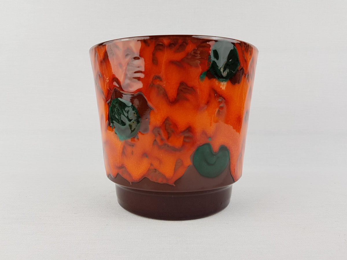 Vintage West German Pottery Orange and Green Planter Flower Cache Pot 1960-70s
