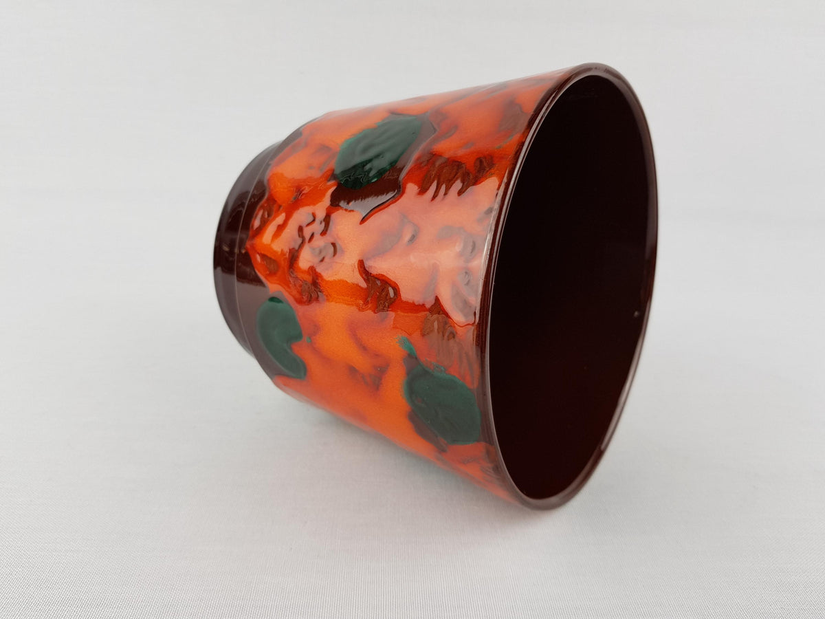 Vintage West German Pottery Orange and Green Planter Flower Cache Pot 1960-70s