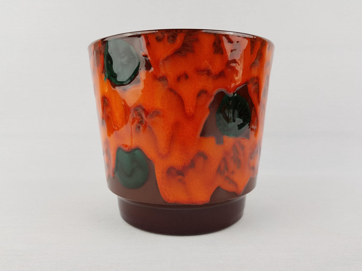 Vintage West German Pottery Orange and Green Planter Flower Cache Pot 1960-70s