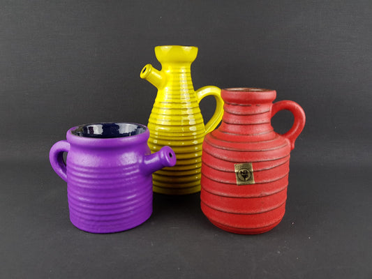Vintage Set of 3 Colorful West German Pottery | Ribbed Watering Cans & Planter 1970's