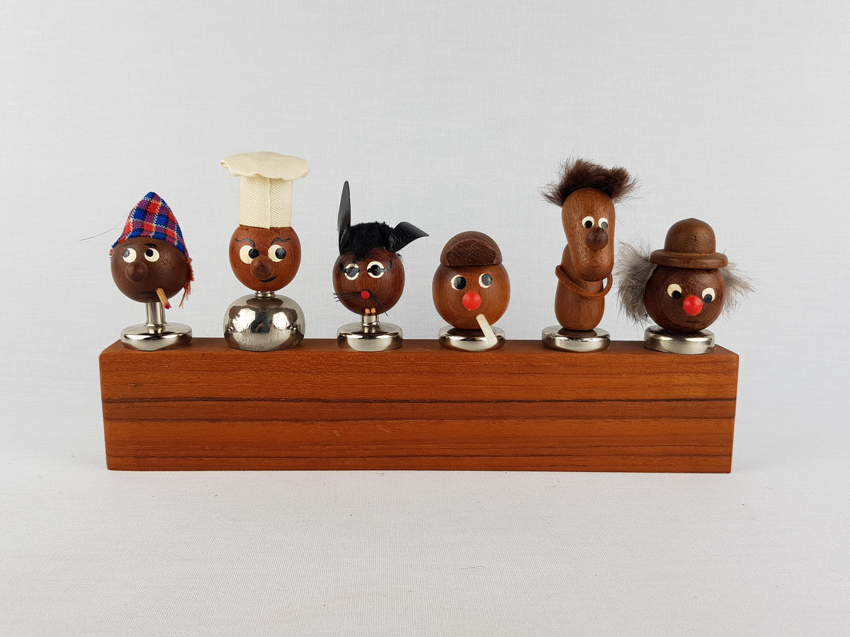 Set Of 6 Vintage TEAK BOLLING BOJESEN Cork Wine Bottle Stoppers Various People Decor Danish 1960s
