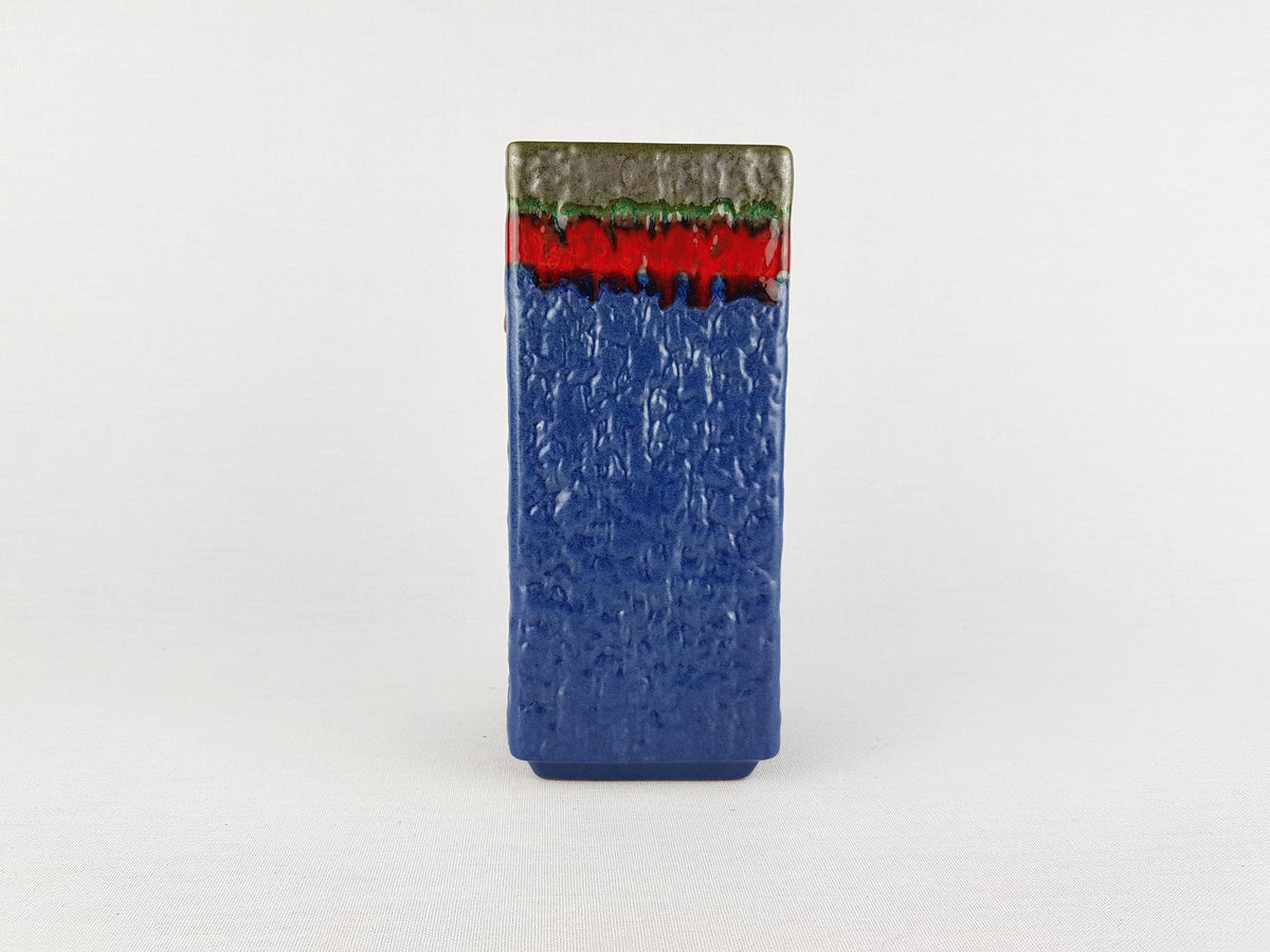 Vintage VAN DAALEN KERAMIK Blue with Green and Red Square Vase West German Pottery 1960s/1970s
