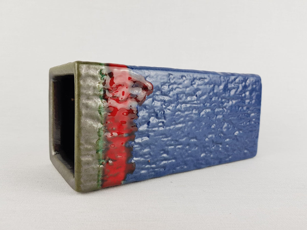 Vintage VAN DAALEN KERAMIK Blue with Green and Red Square Vase West German Pottery 1960s/1970s