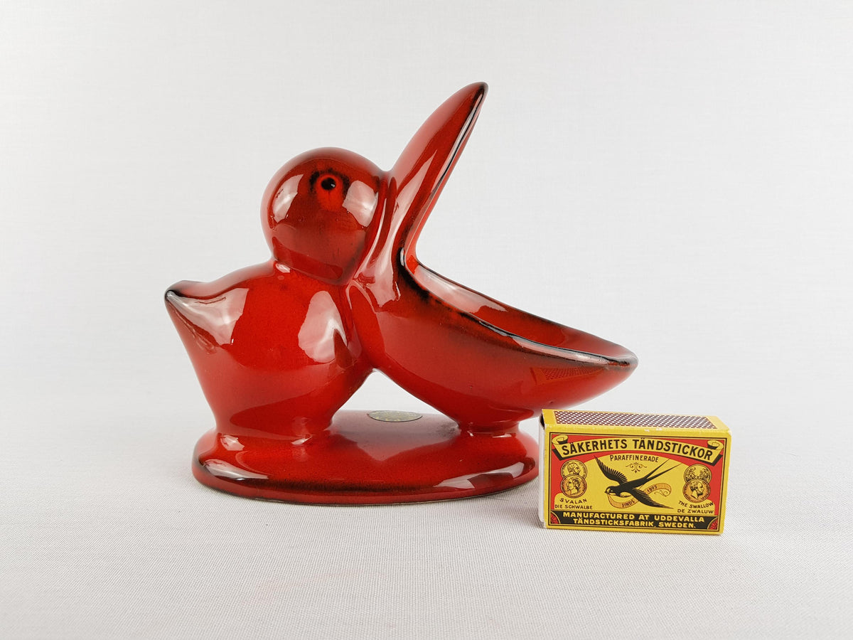Vintage PAN KERAMIK Glossy Red Pelican Snack Peanut Bowl West German Pottery 1970s