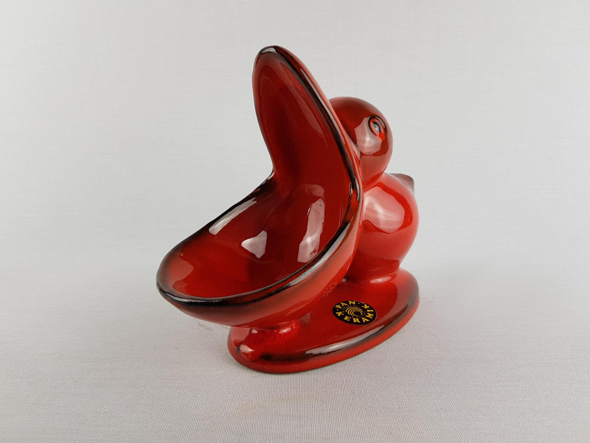 Vintage PAN KERAMIK Glossy Red Pelican Snack Peanut Bowl West German Pottery 1970s