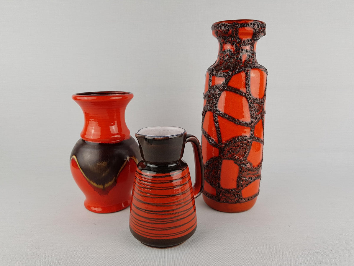 Vintage Set of 3 West German Pottery Vases Scheurich Jasba Waechtersbach Orange Ceramics 1970s