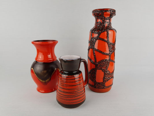 Vintage Set of 3 West German Pottery Vases Scheurich Jasba Waechtersbach Orange Ceramics 1970s