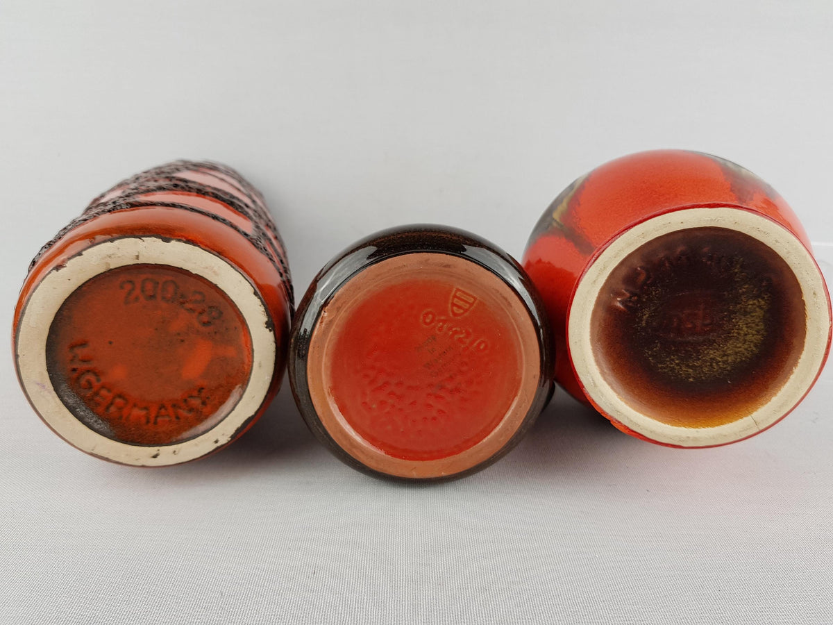 Vintage Set of 3 West German Pottery Vases Scheurich Jasba Waechtersbach Orange Ceramics 1970s