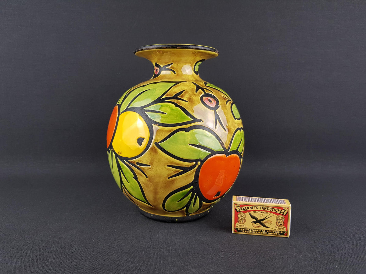 Vintage ALVINO BAGNI Yellow Vase with Fruit Decor Italian Pottery 1970's