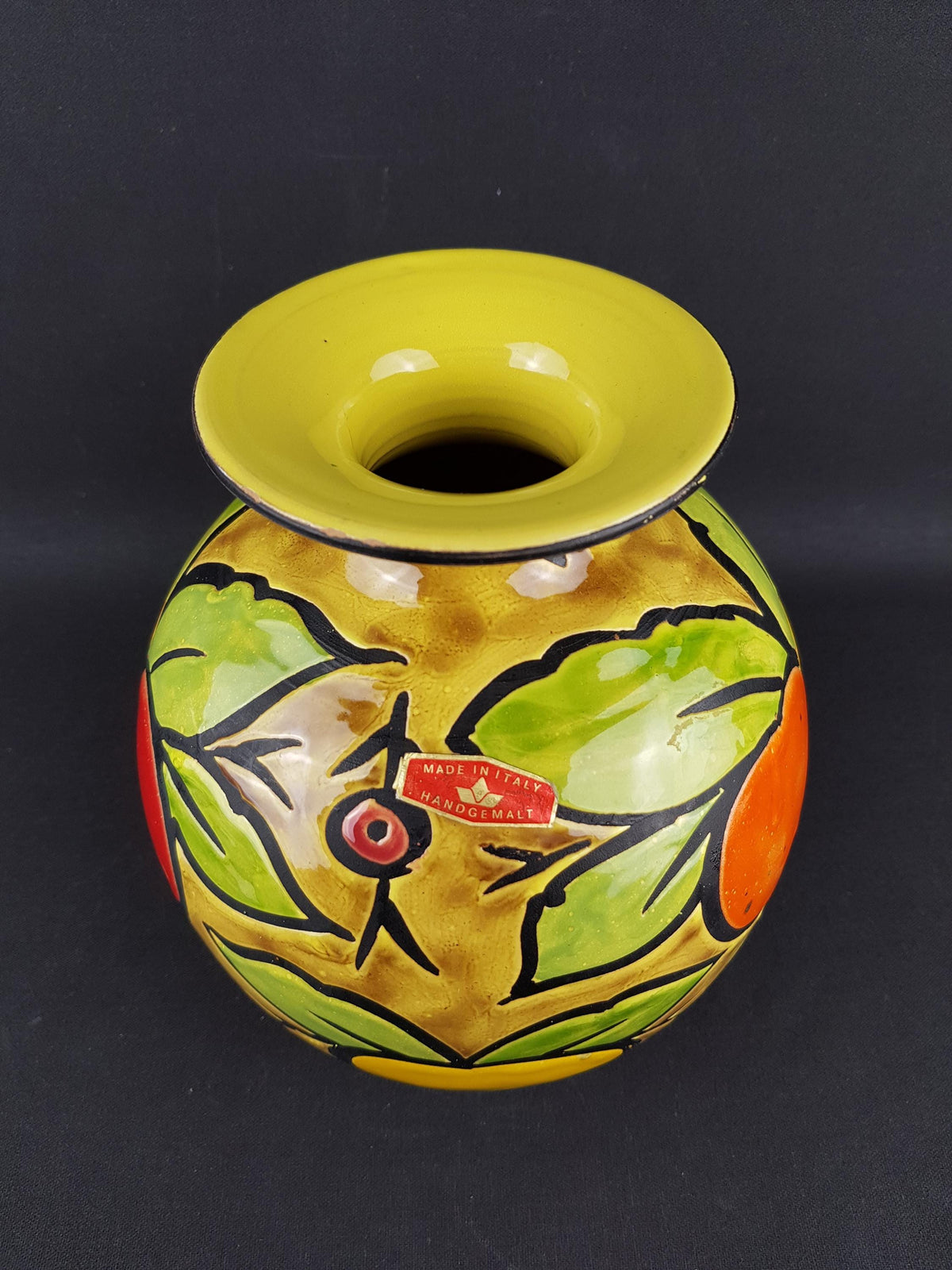 Vintage ALVINO BAGNI Yellow Vase with Fruit Decor Italian Pottery 1970's