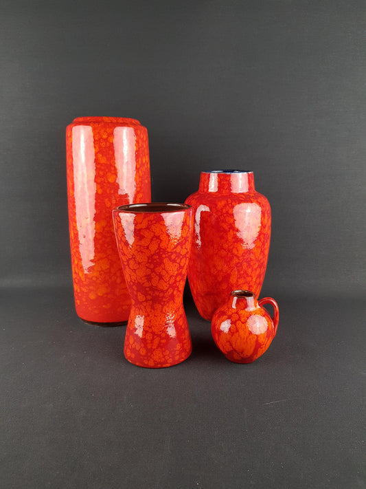 Set of 4 Vintage SCHEURICH KERAMIK Orange and Red Marbled Vases West German Pottery 1970s