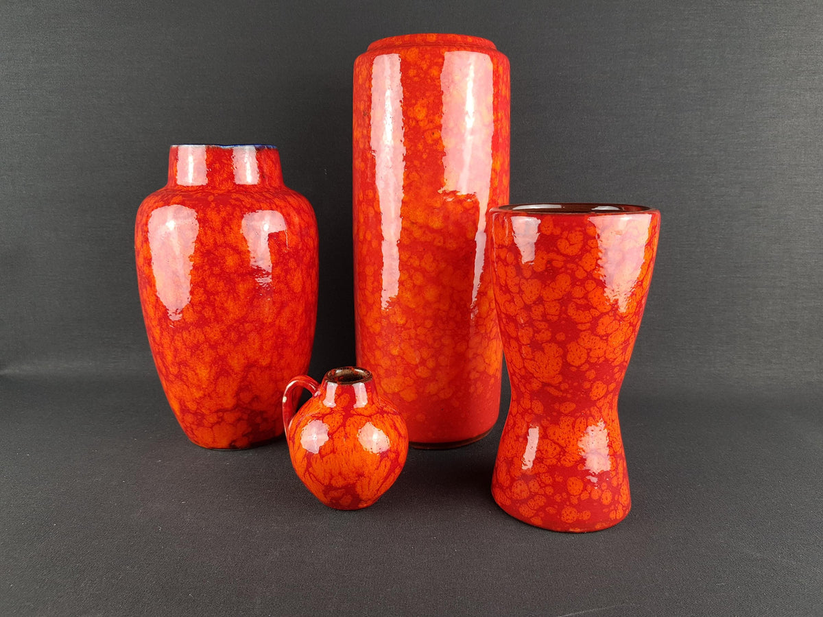 Set of 4 Vintage SCHEURICH KERAMIK Orange and Red Marbled Vases West German Pottery 1970s