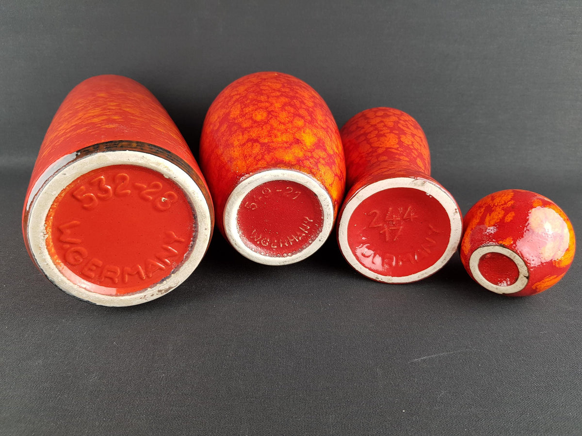 Set of 4 Vintage SCHEURICH KERAMIK Orange and Red Marbled Vases West German Pottery 1970s