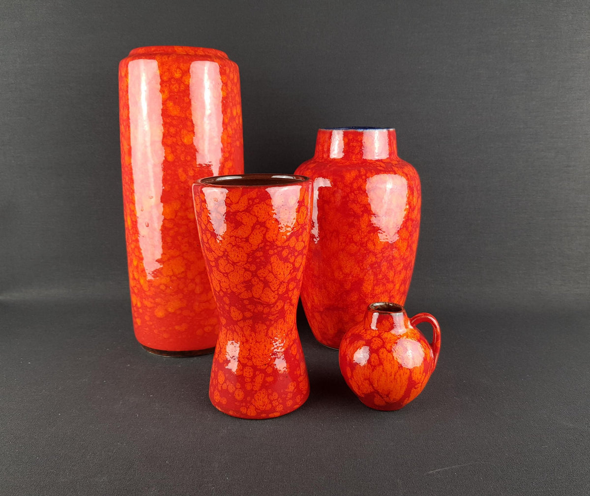 Set of 4 Vintage SCHEURICH KERAMIK Orange and Red Marbled Vases West German Pottery 1970s