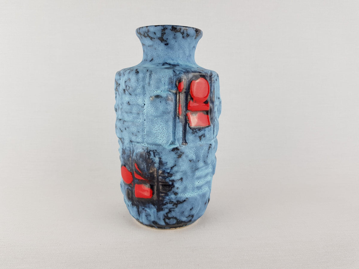 Vintage UBELACKER (Ü-Keramik) Blue and Red Relief Vase 1316 18 West German Pottery 1970s