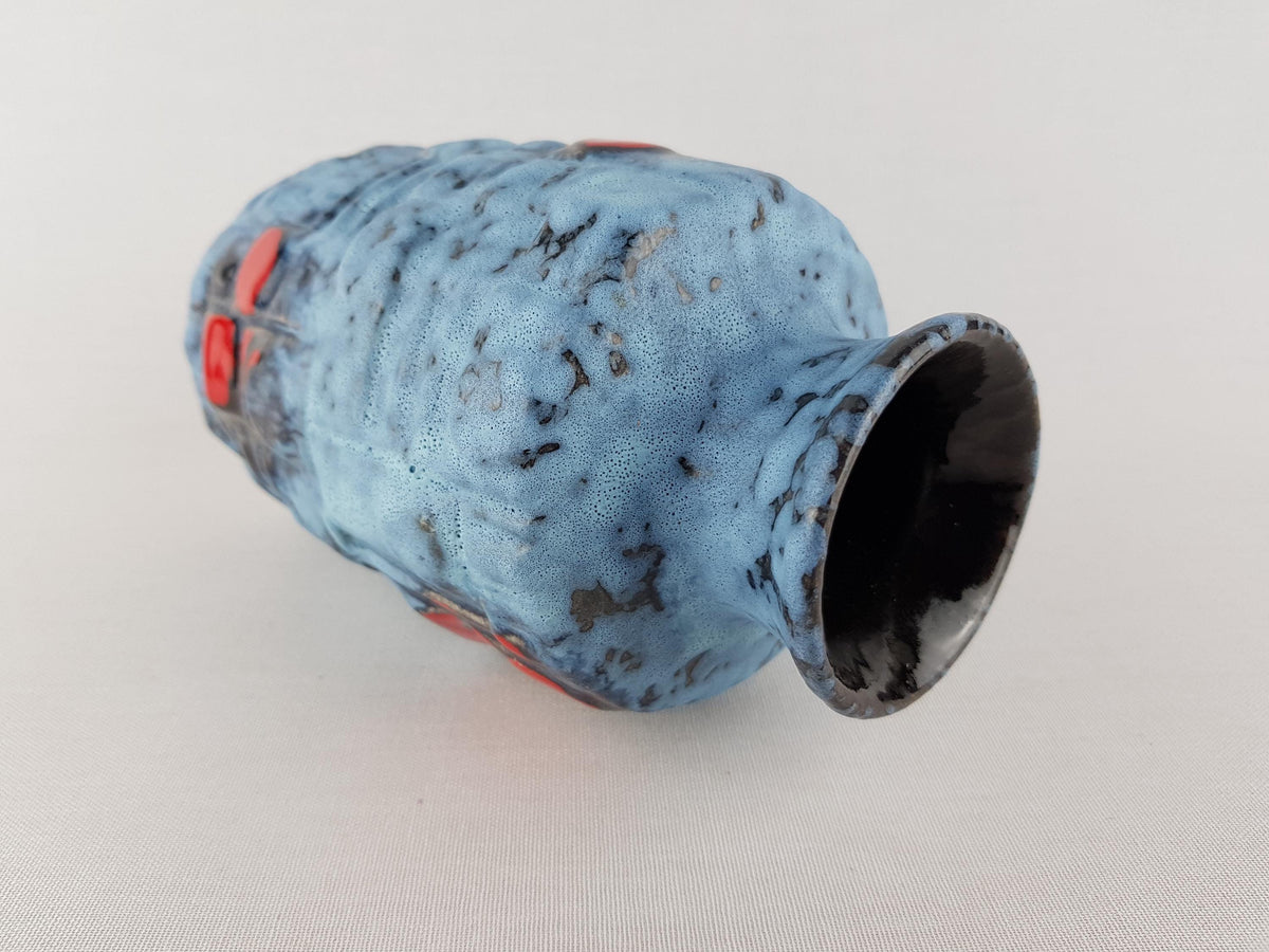 Vintage UBELACKER (Ü-Keramik) Blue and Red Relief Vase 1316 18 West German Pottery 1970s