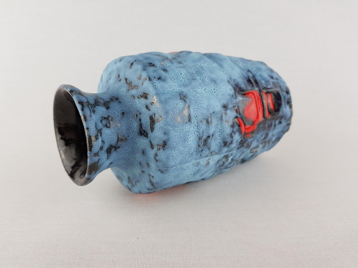 Vintage UBELACKER (Ü-Keramik) Blue and Red Relief Vase 1316 18 West German Pottery 1970s