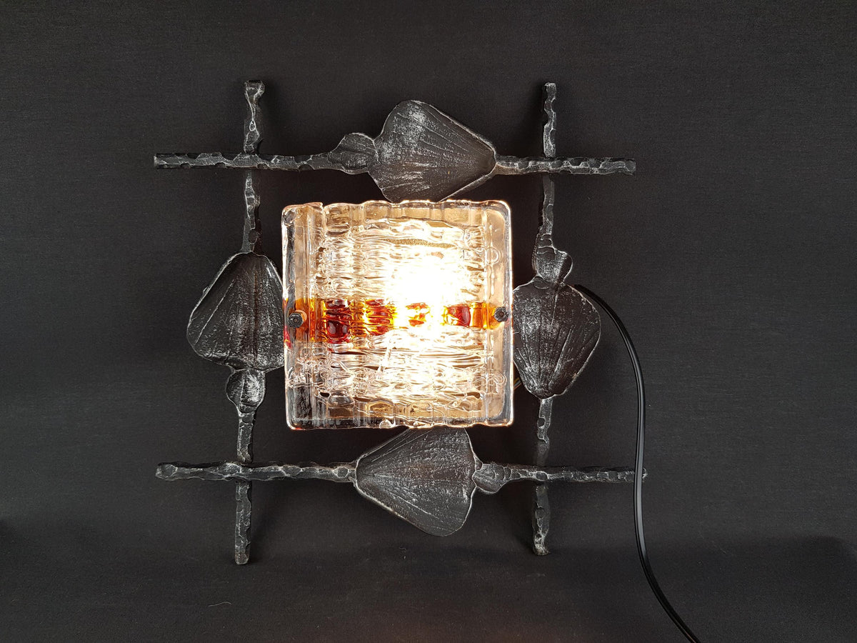 Vintage Tom Ahlström & Hans Ehrlich Brutalist Wall Lamp Wrought Iron and Artistic Glass Sweden 1960s