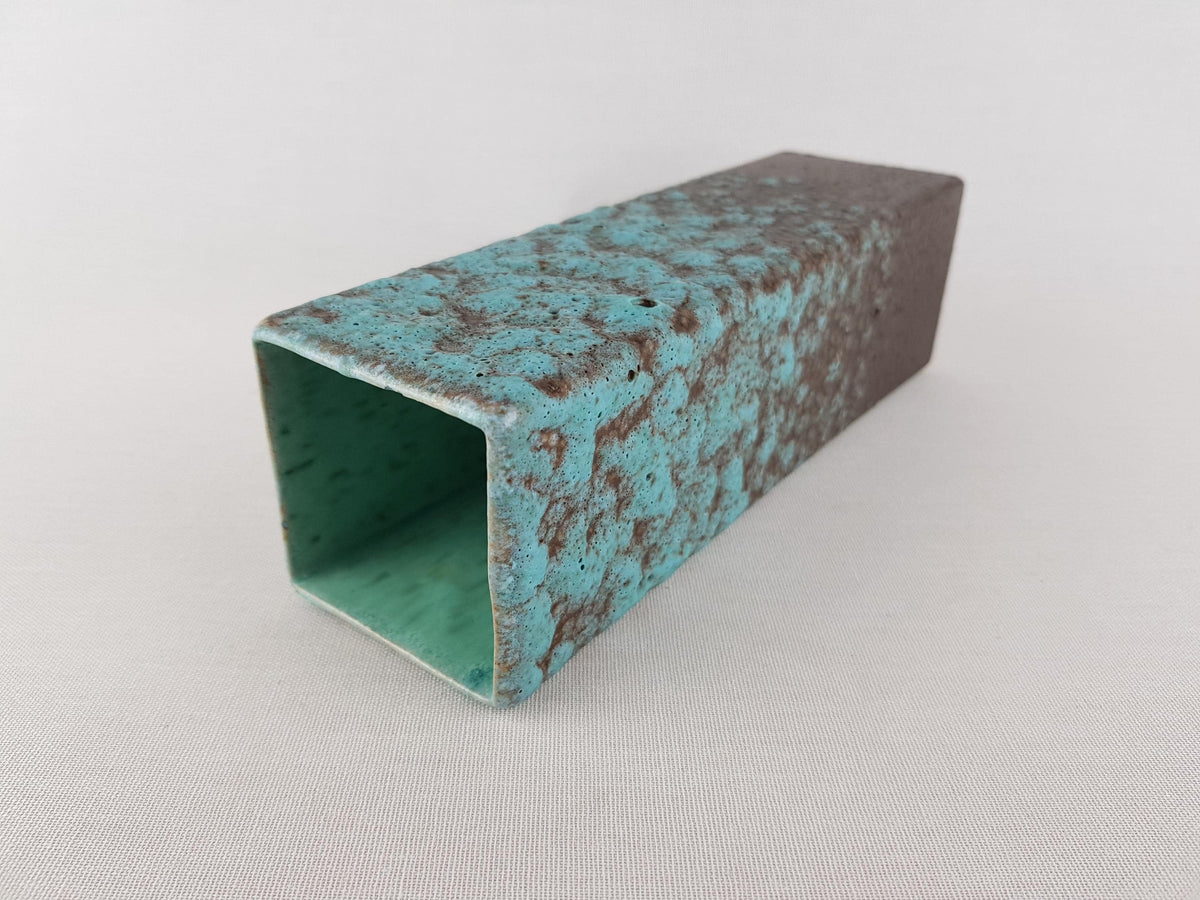 Vintage RUSCHA KERAMIK Rectangular Vase Turquoise Brown Fat Lava West German Pottery 1960s