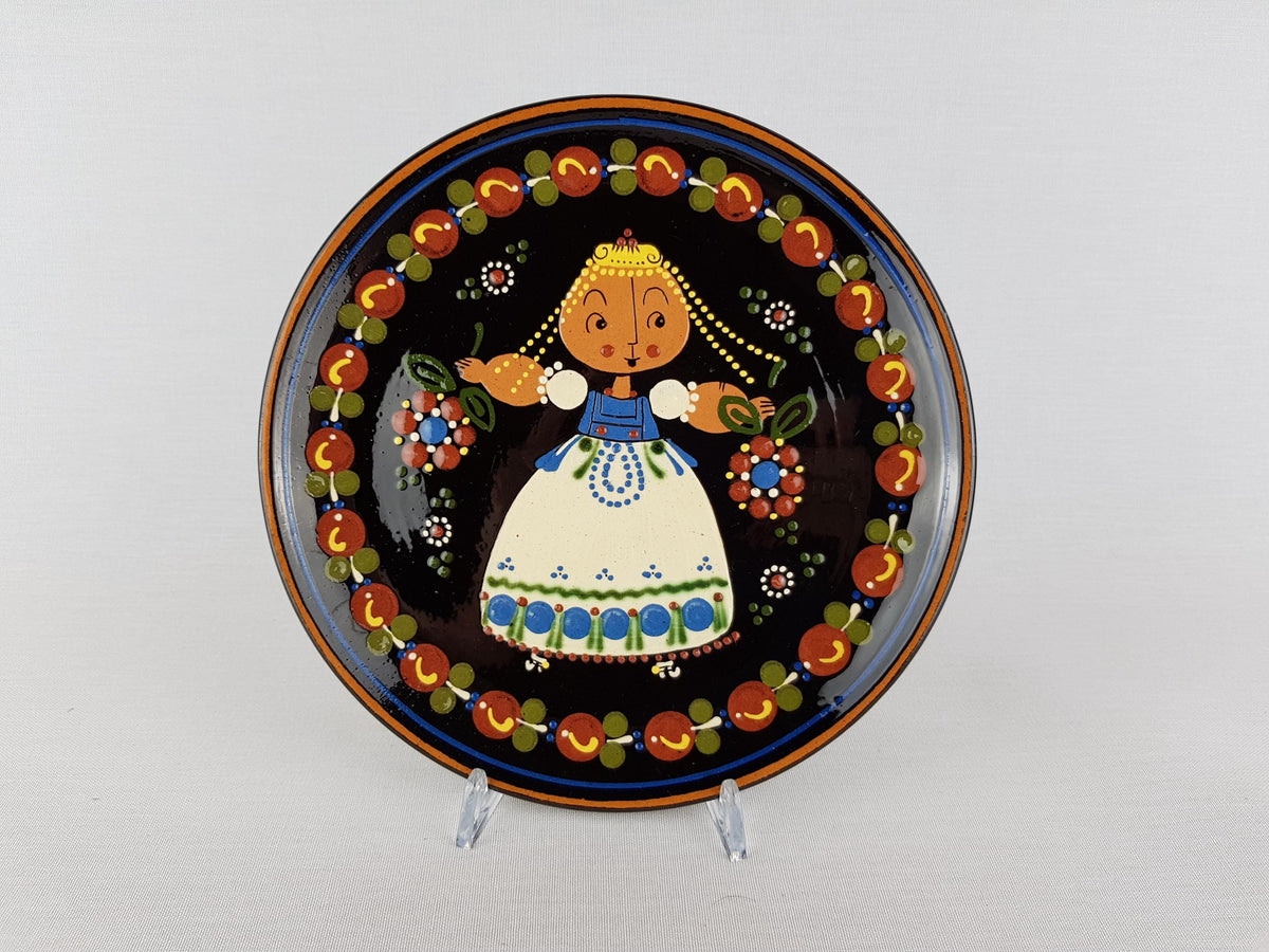Vintage WILLY AEBI Hasle Wall Plate Flower Girl Swiss Studio Pottery Hand Painted Engobe 1960s Switzerland