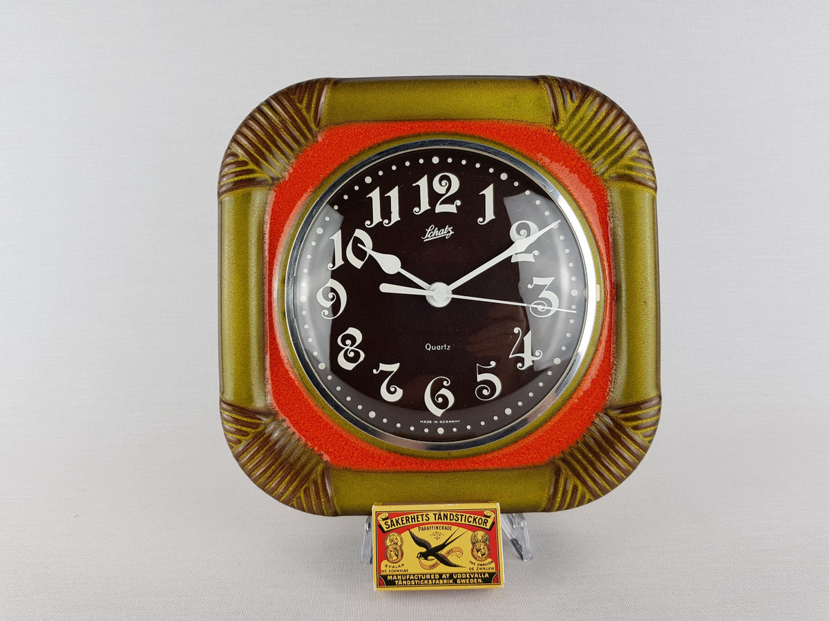 Vintage HERBOLZHEIMER KERAMIK Orange and Green Ceramic Kitchen Clock West German Pottery 1970s
