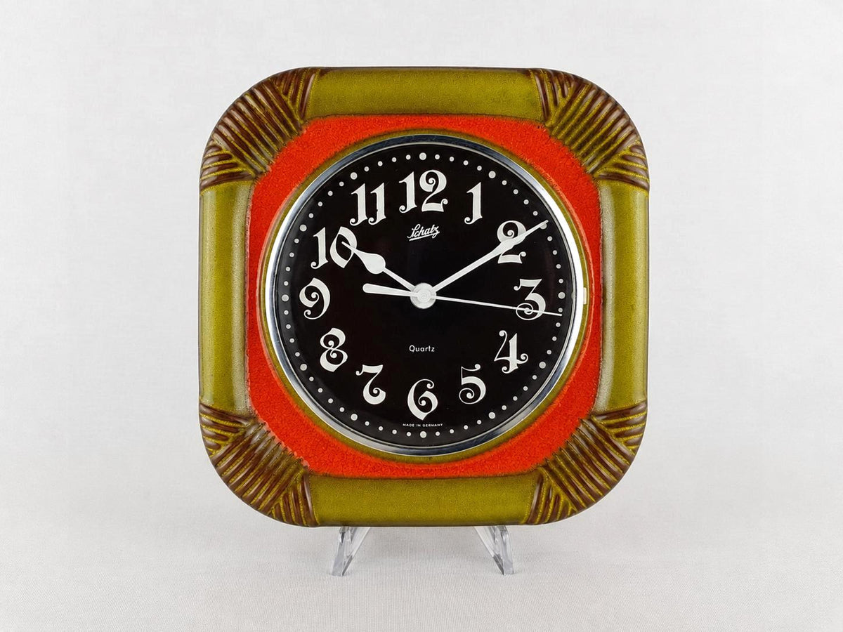 Vintage HERBOLZHEIMER KERAMIK Orange and Green Ceramic Kitchen Clock West German Pottery 1970s