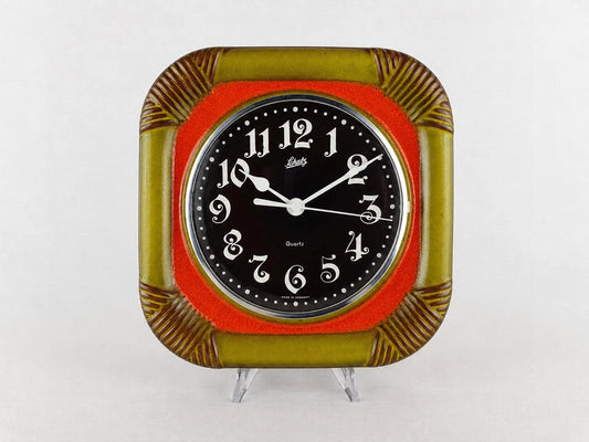 Vintage HERBOLZHEIMER KERAMIK Orange and Green Ceramic Kitchen Clock West German Pottery 1970s