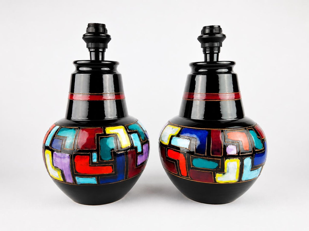 Set of 2 Vintage BITOSSI CERAMICHE Black Table Bedside Lamps With Colorful Geometric Decor 1960-70