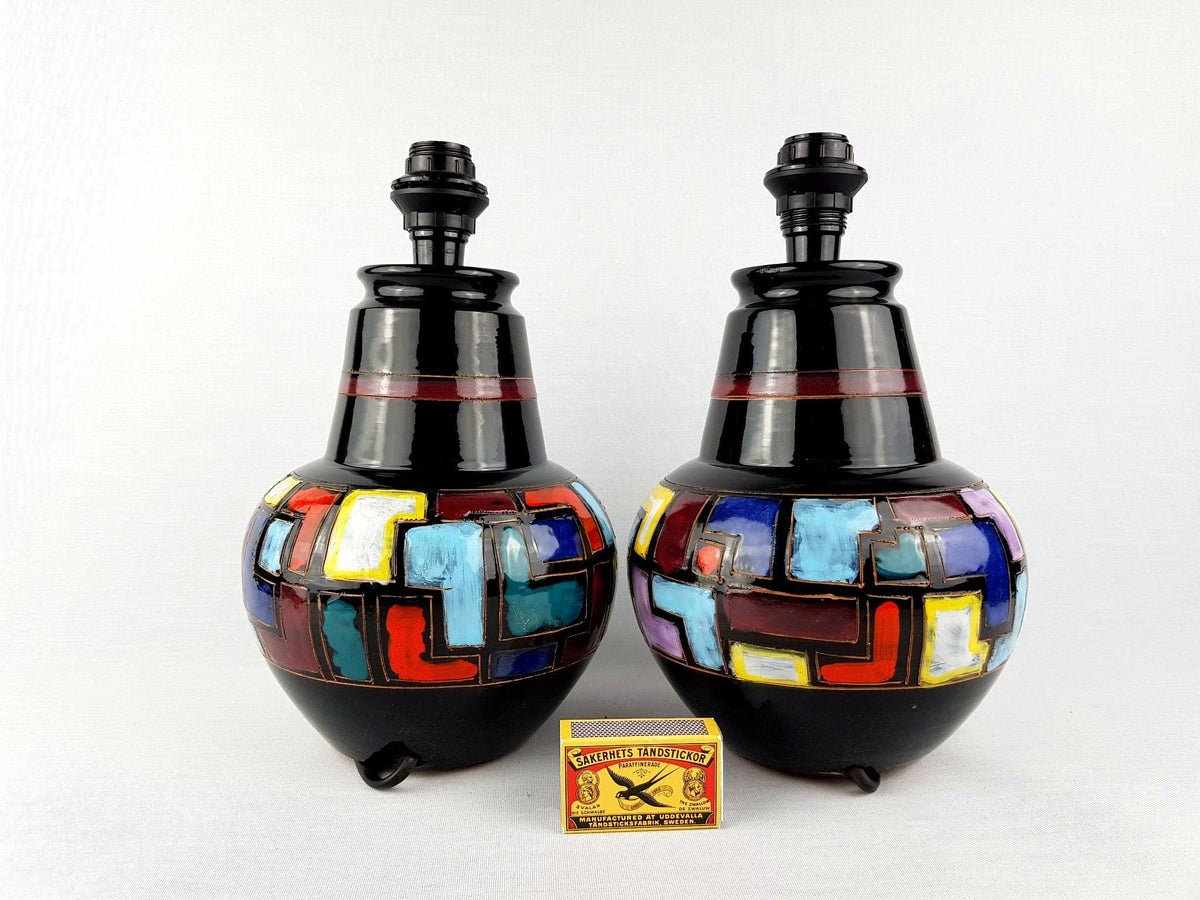 Set of 2 Vintage BITOSSI CERAMICHE Black Table Bedside Lamps With Colorful Geometric Decor 1960-70